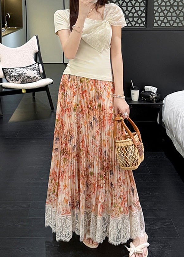 Stylish Orange Print Lace Patchwork Chiffon Pleated Skirt Summer