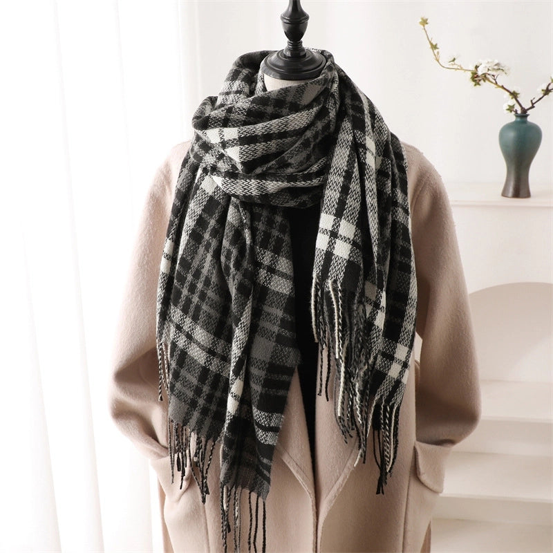 Autumn And Winter Plaid Artificial Cashmere Scarf Stylish Simple And Versatile Warm Scarf Ladies Tassel Shawl