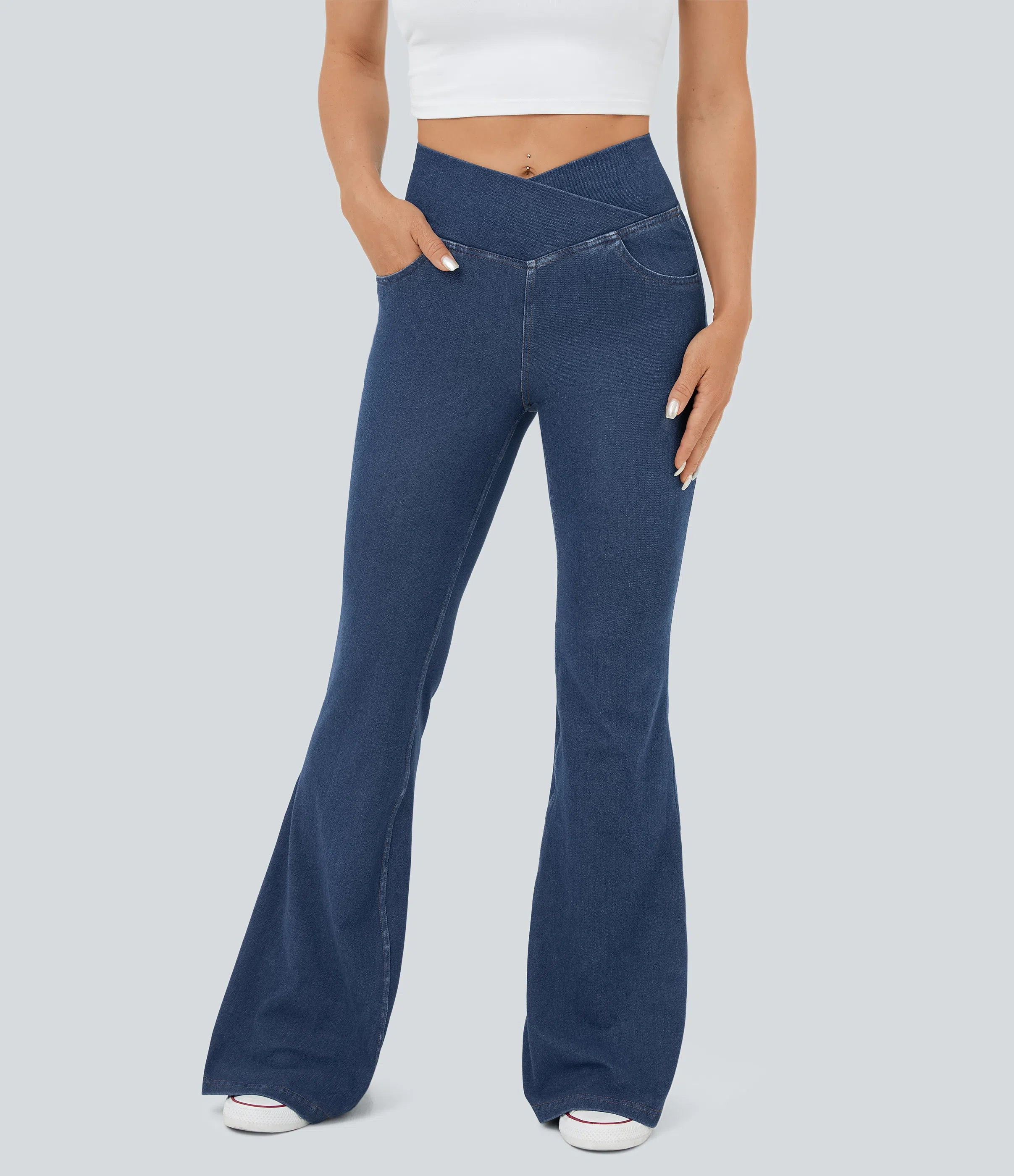 ⚡8 Packs for $25.95⚡- High Waisted Crossover Pocket Washed Stretchy Knit Casual Super Flare Jeans