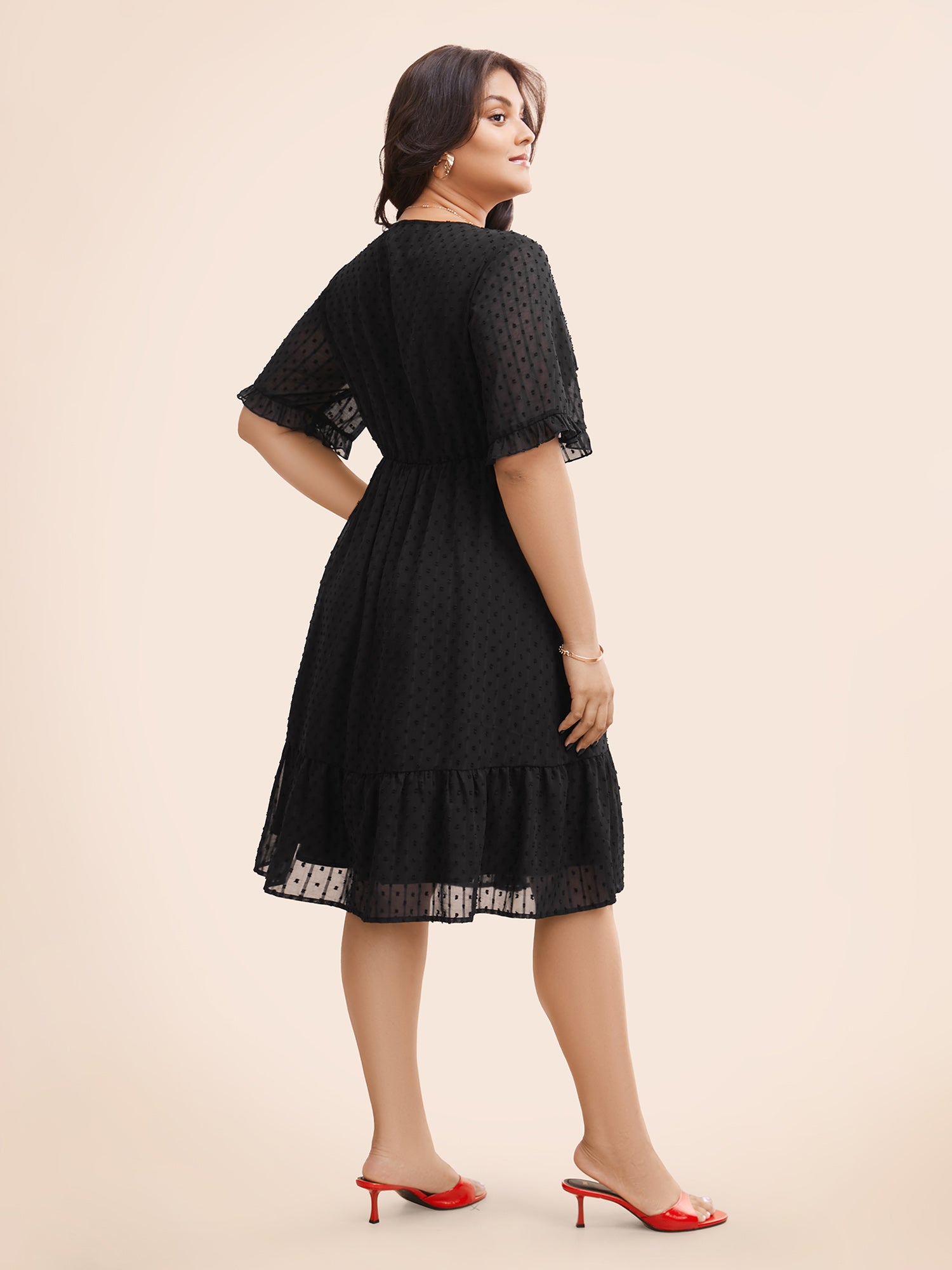 Jacquard V Neck Ruffle Sleeve Dress