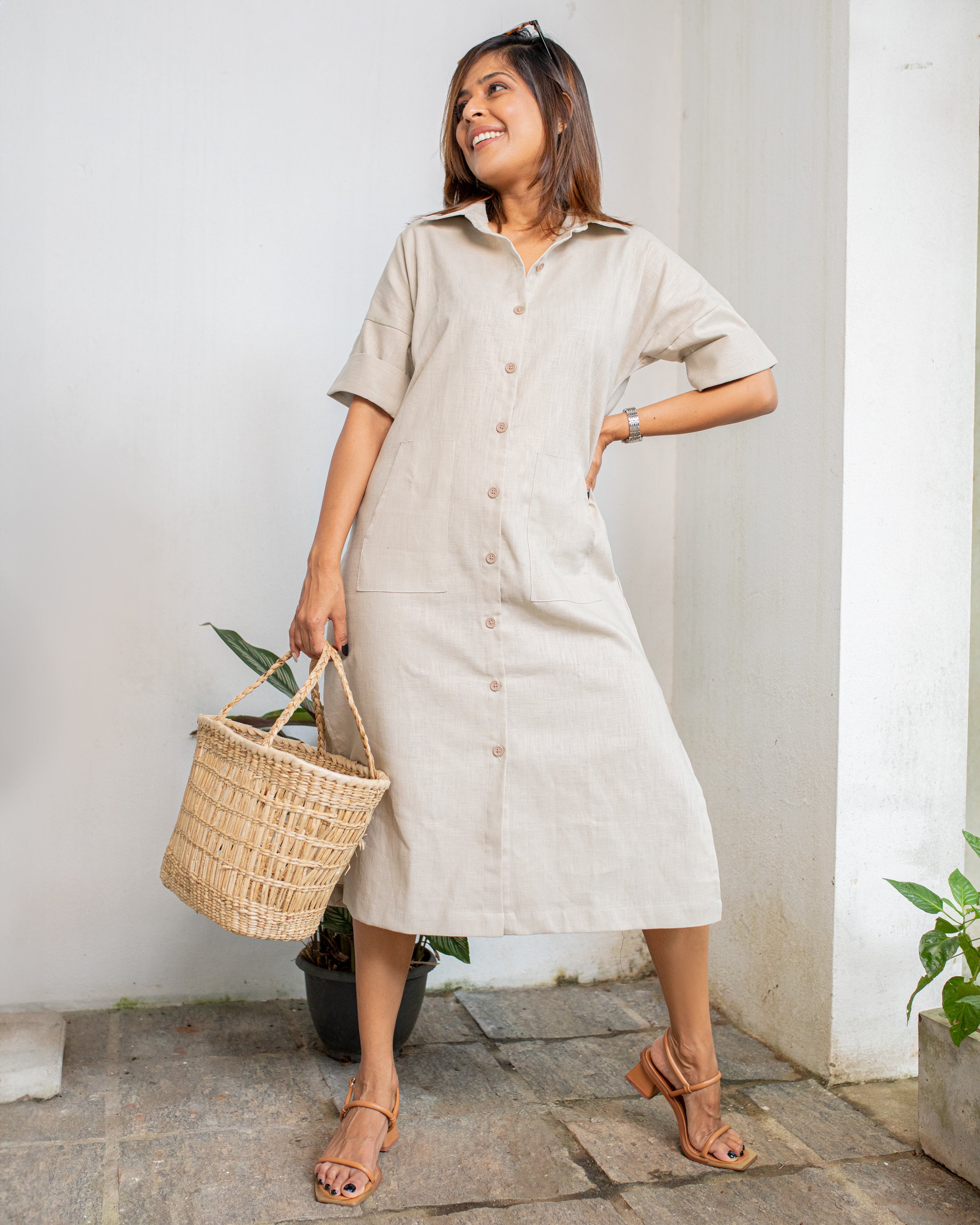 Lara Button Down Midi Dress -Sand