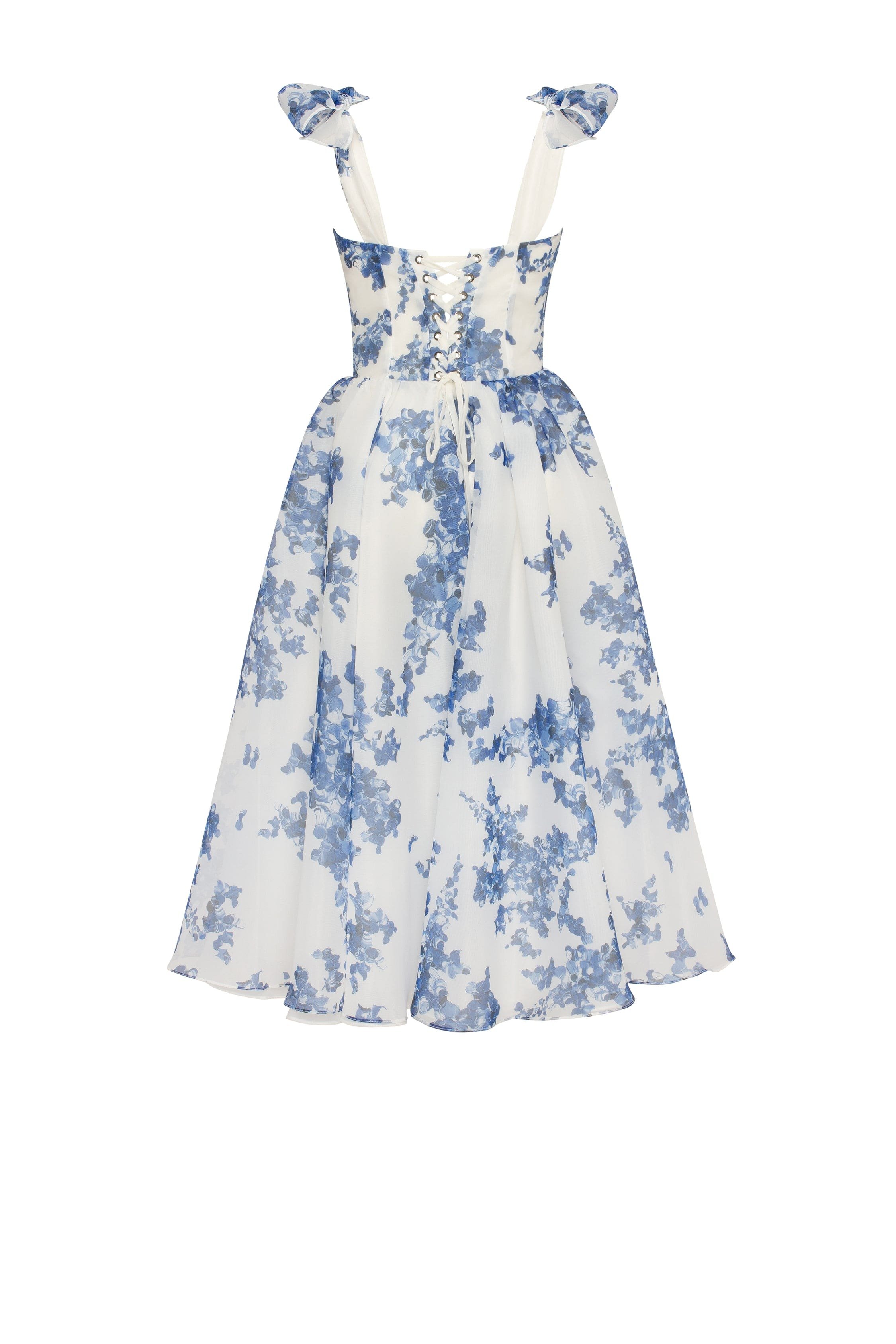 Charming blue hydrangea-patterned organza midi dress. Garden of Eden