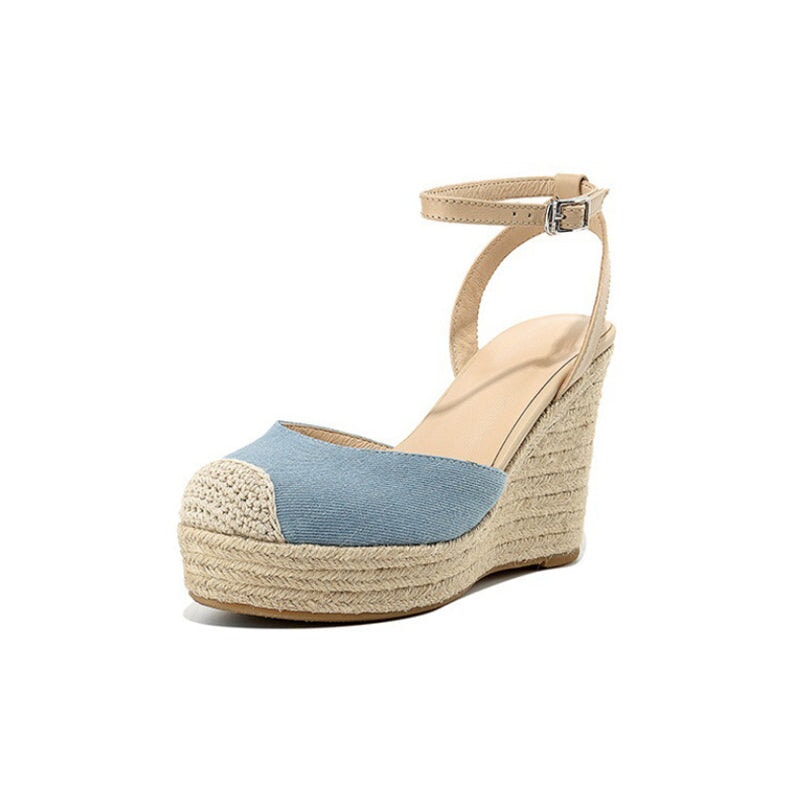 100mm Slingback Espadrille-Wedge Leather Sandals Ankle Strap in Apricot/Blue