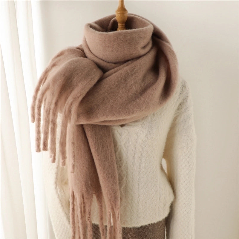 Mohair Scarf Pure Color All-matching Winter Warm Lengthened Fringe Bib Scarf Men's And Women's European And American Export Thick Scarf