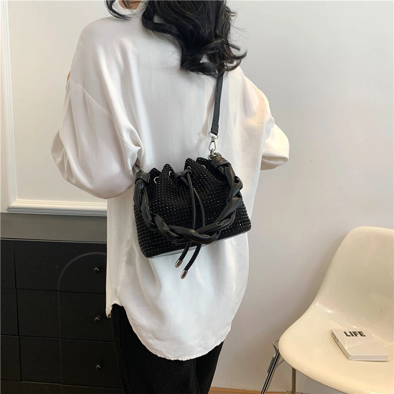 Women's Medium Pu Leather Solid Color Streetwear Rhinestone String Bucket Bag