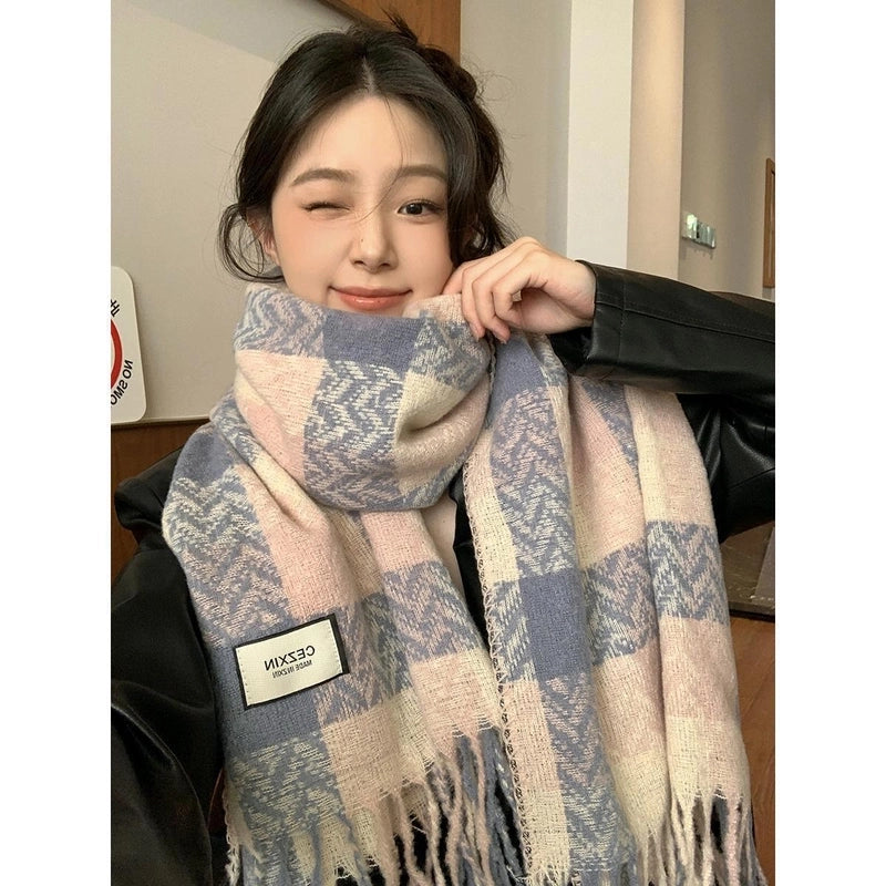 Women's Retro Lattice Imitation Cashmere Tassel Scarf