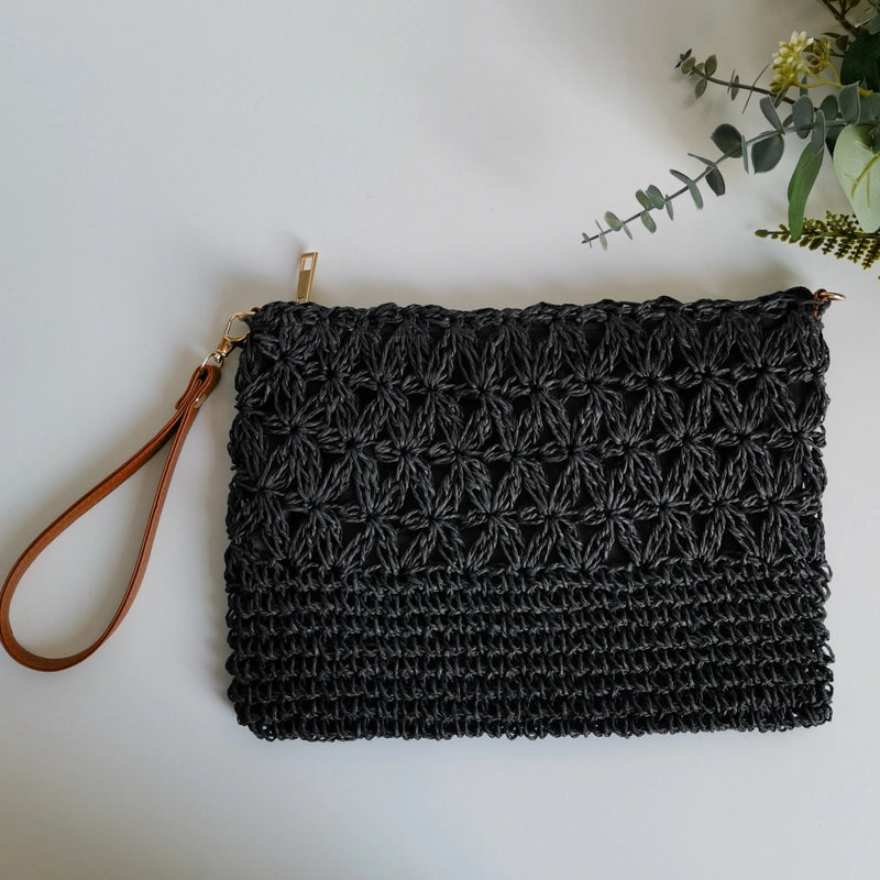 Women's Straw Solid Color Basic Square Zipper Clutch Bag Crossbody Bag Straw Bag