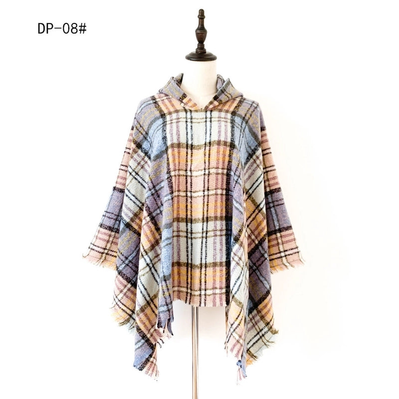 Direct New Cape Europe And The United States Spring And Autumn And Winter New Barbed Wool Pullover Plaid Hat Cape Shawl