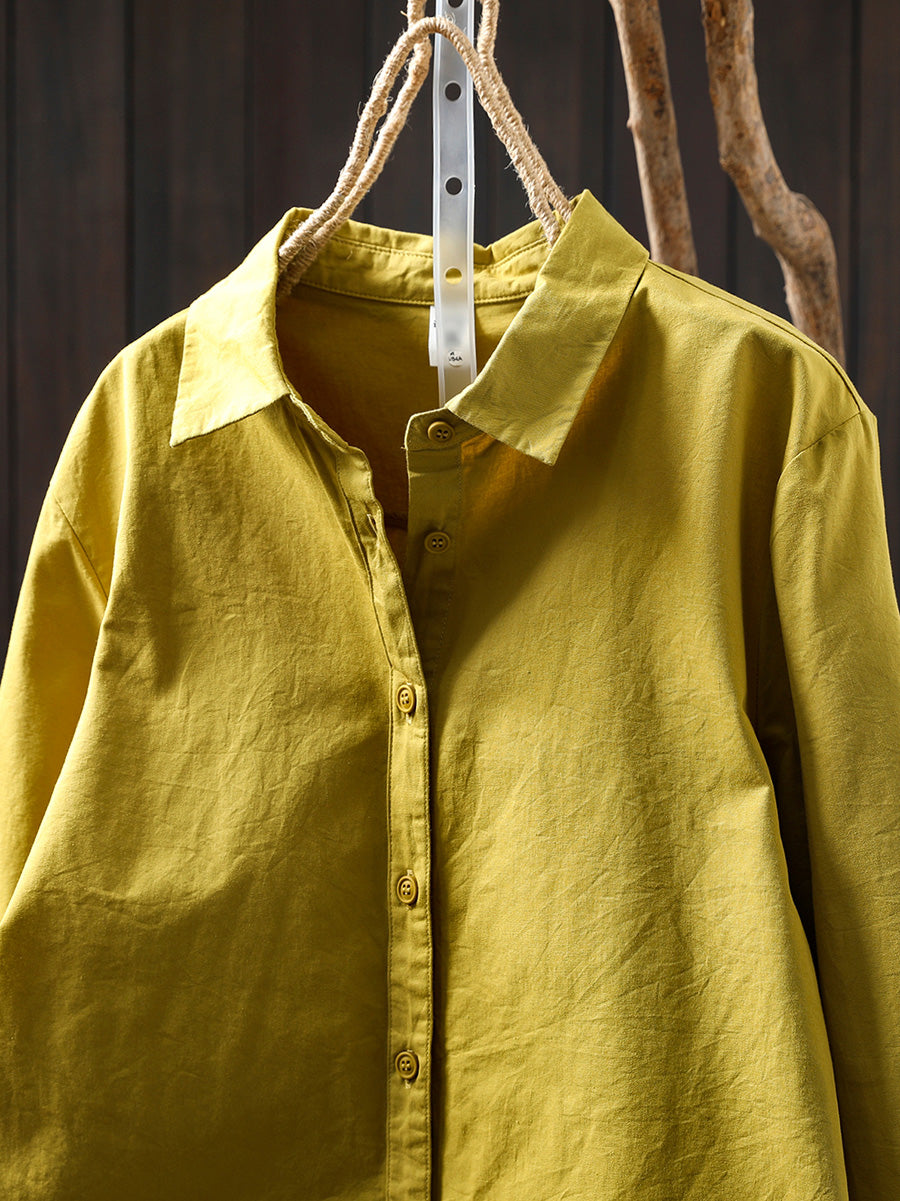 Women Summer Pure Color Turn-down Collar 100%Cotton Shirt