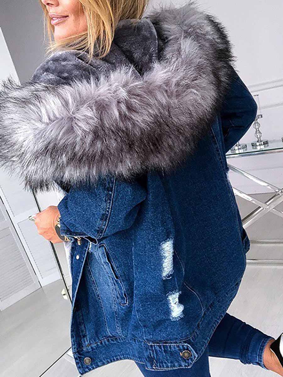 Padded Warm Hole Large Fur Collar Denim Jacket(4 colors)