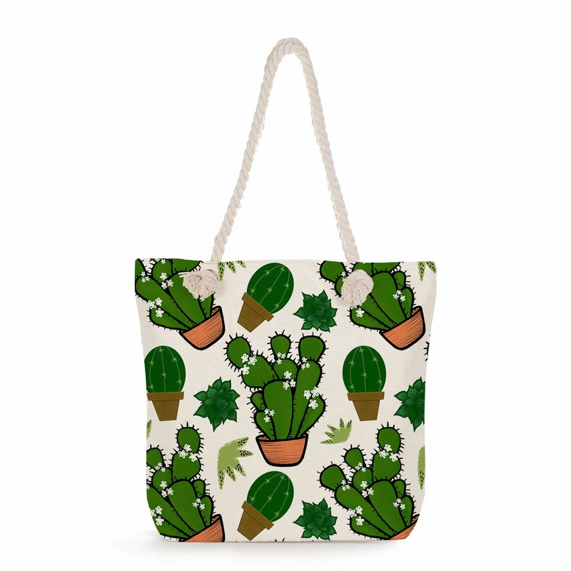 Women's Medium Linen Cactus Vacation Classic Style Square Zipper Tote Bag Beach Bag