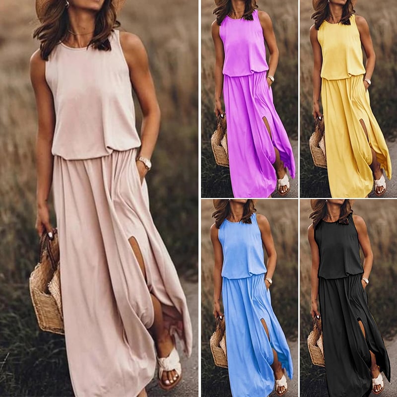 🔥Summer Hot Sales - 49% OFF👗Women Sleeveless Solid Round Neck Summer Maxi Dress