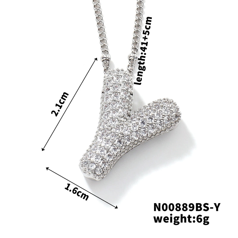 304 Stainless Steel Copper Rhodium Plated Three-dimensional Inlay Letter Zircon Pendant Necklace