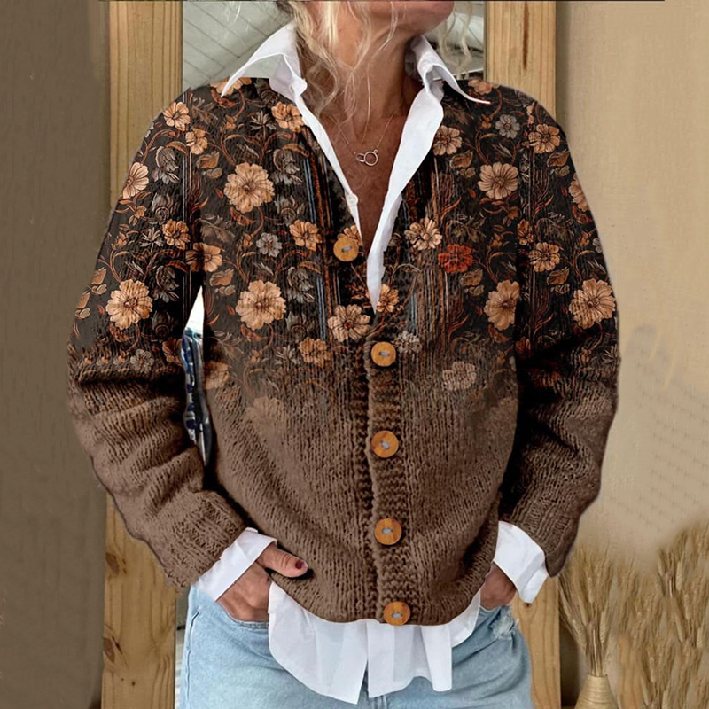 Retro Flower Print Buttoned Sweater Cardigan