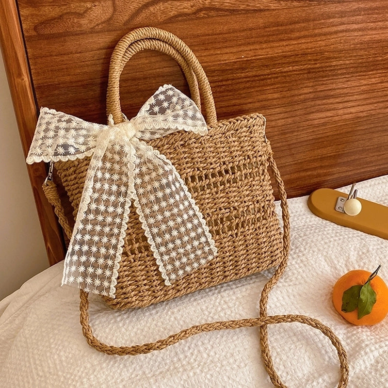 Women's Straw Bow Knot Vacation String Handbag