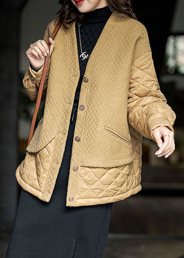 Simple Khaki V Neck Patchwork Fine Cotton Filled Women Witner Coats