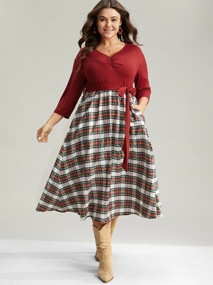 Christmas Plaid Patchwork Ruched Belted Dress