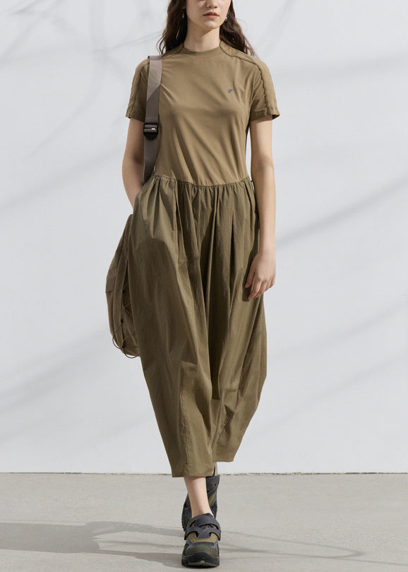 New Dark Khaki Pockets Wrinkled Patchwork Cotton Dresses Summer