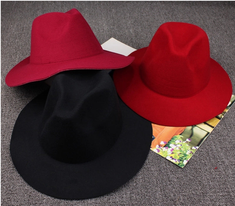 Autumn And Winter Solid Color Felt Hat Men And Women Retro Woolen Big Brim Jazz Hat Black Hat Big Along Fashion Hat