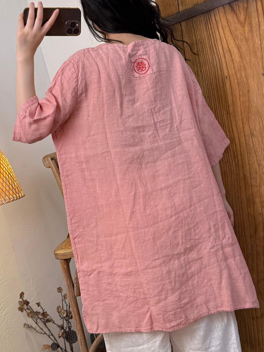 Women Summer Casual Pure Color O-Neck Hemp Shirt