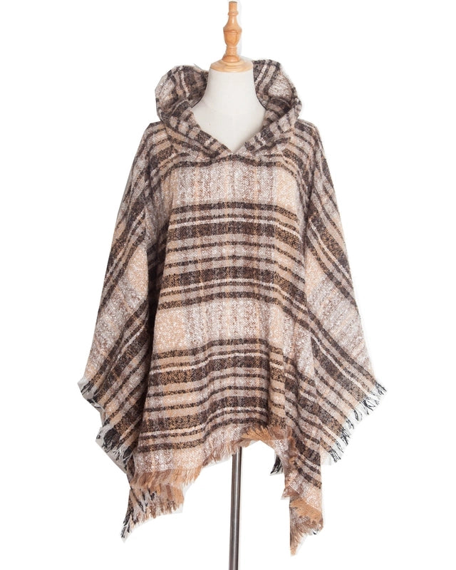 Direct New Cape Europe And The United States Spring And Autumn And Winter New Barbed Wool Pullover Plaid Hat Cape Shawl