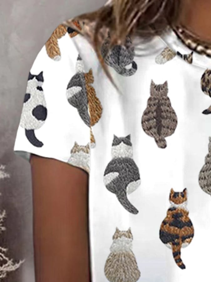 Women'S Cute Cats Embroidery Print Short Sleeve T-shirt