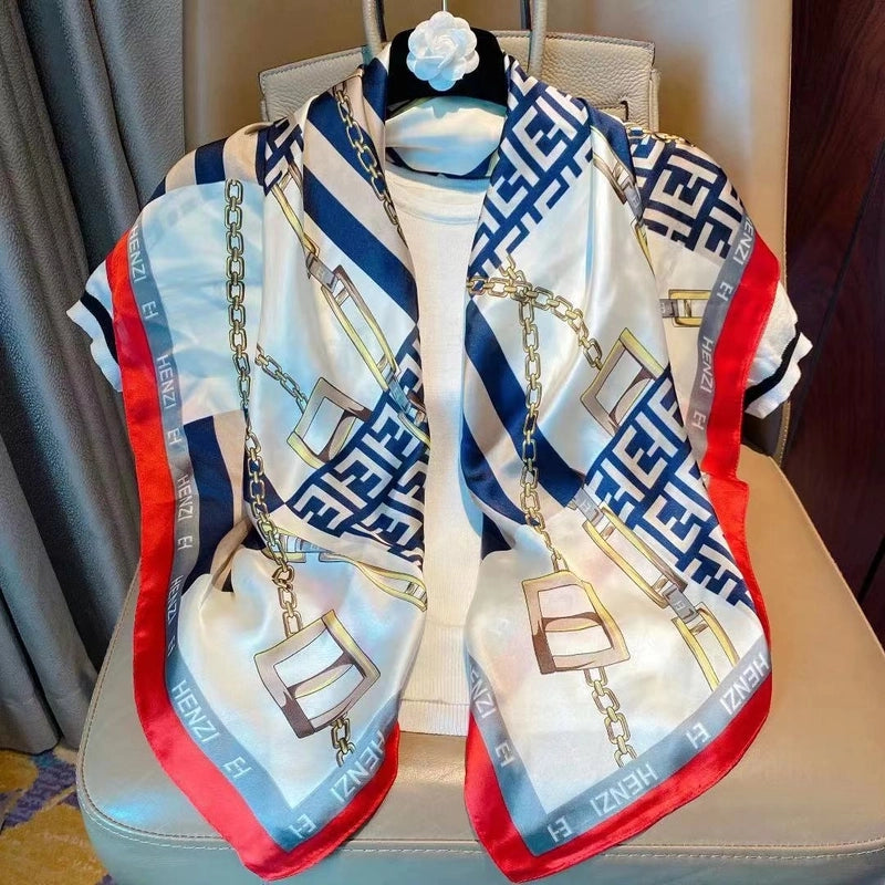 Women's IG Style Elegant Stripe Flower Chains Print Satin Printing Silk Scarf