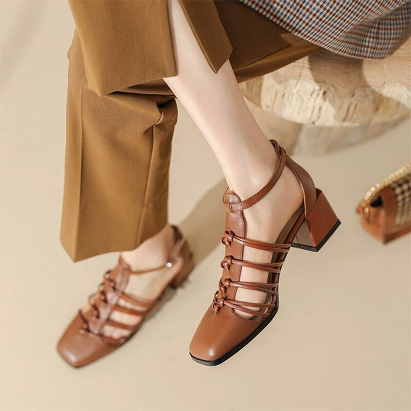 Casual Woven Strappy T-Strap Block Heel Cow Leather Sandals in Brown/Black/Beige