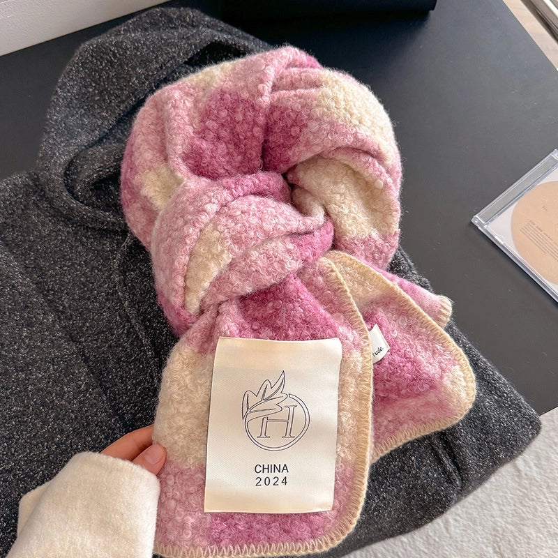 Atmosphere Color-Contrast Check Circle Hair Scarf Women's Winter Warm All-Matching Affordable Luxury Fashion Temperament Shawl