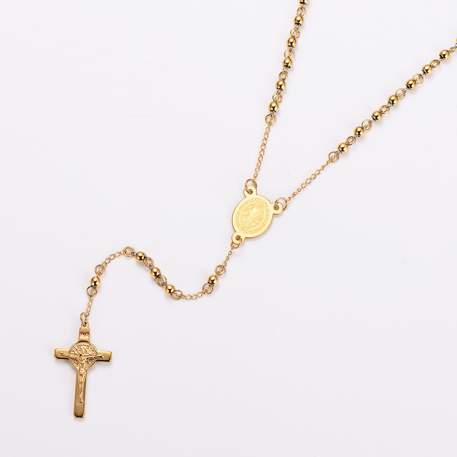 Aml Fashion Stainless Steel Round Beads Rosary Men And Women Cross Necklace Sweater Chain