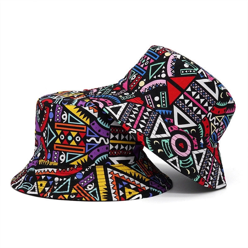 Ethnic Style Double-sided Fisherman Hat New Geometric Rhombus Casual Basin Hat Flat Top Sun Hat Tide