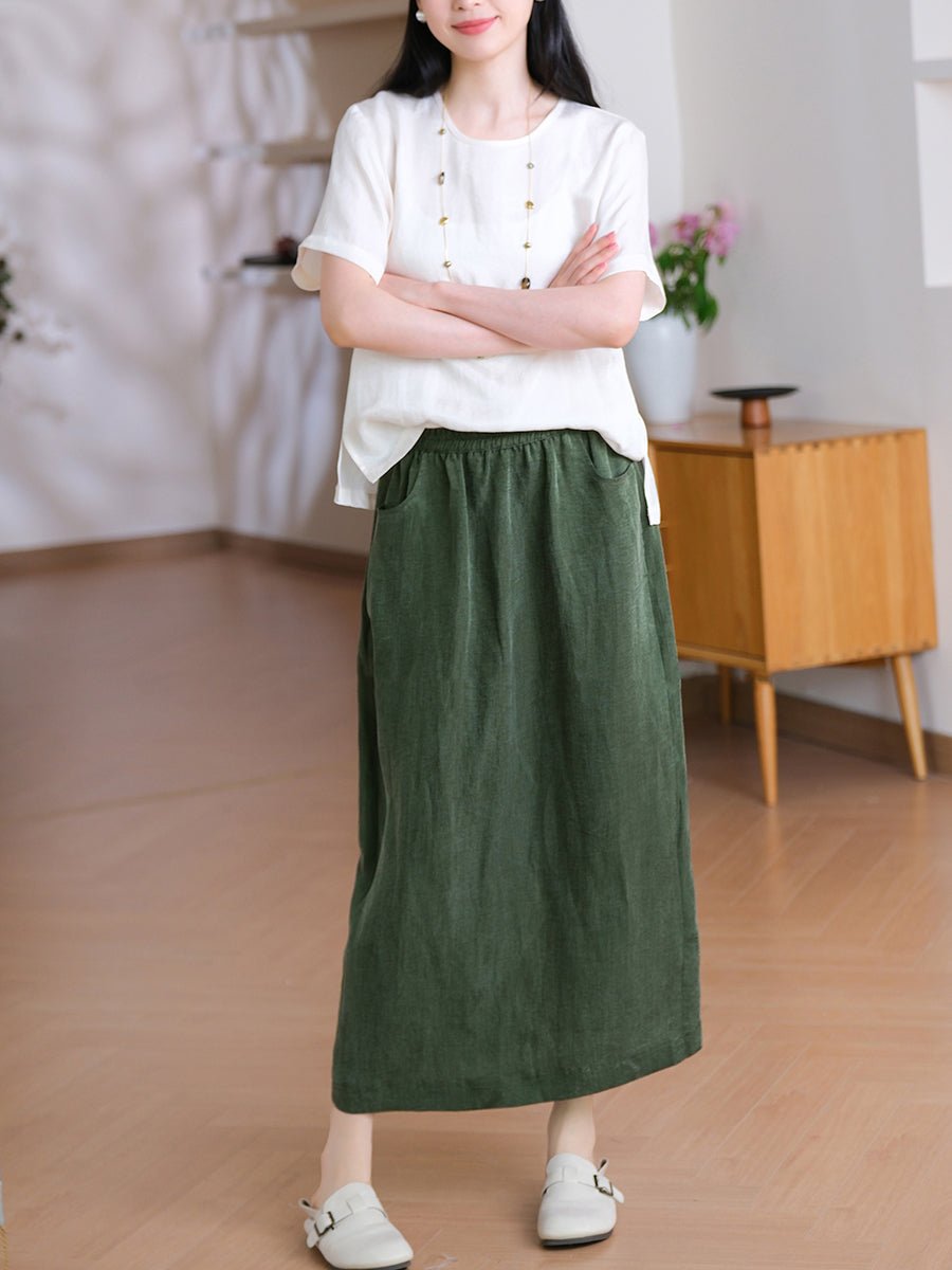 Women Summer Pure Color Linen Straight Skirt