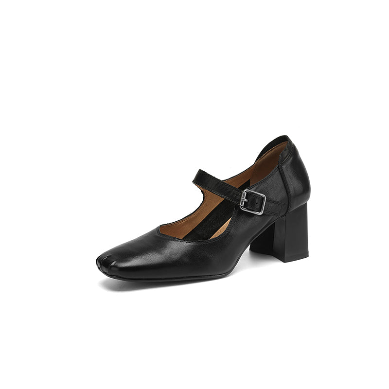 Vintage Square Toe 60mm Cow Leather Mary Jane Pumps in Brown/Red/Black/Khaki