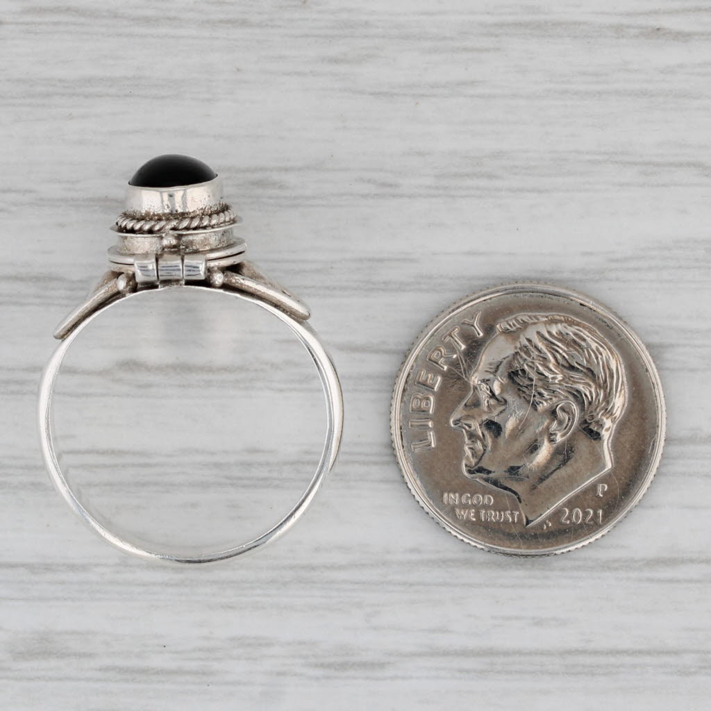 Black Glass Cabochon Snuff Ring Sterling Silver Size 7.5 Opens