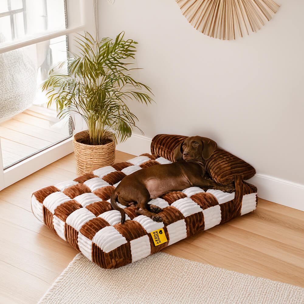 Handmade Plush Chessboard Orthopedic Support Dog Bed with Pillow