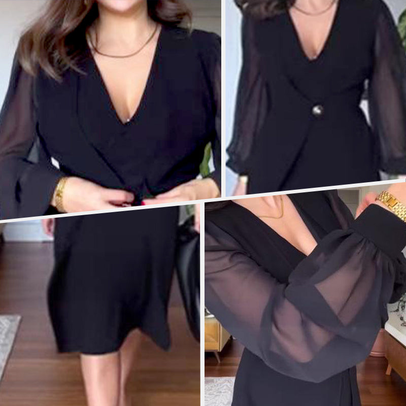 🎅Last Day Hot Sales - 50% OFF🥰Women's Elegant V-Neck Mesh Long Lantern Sleeve Dresses