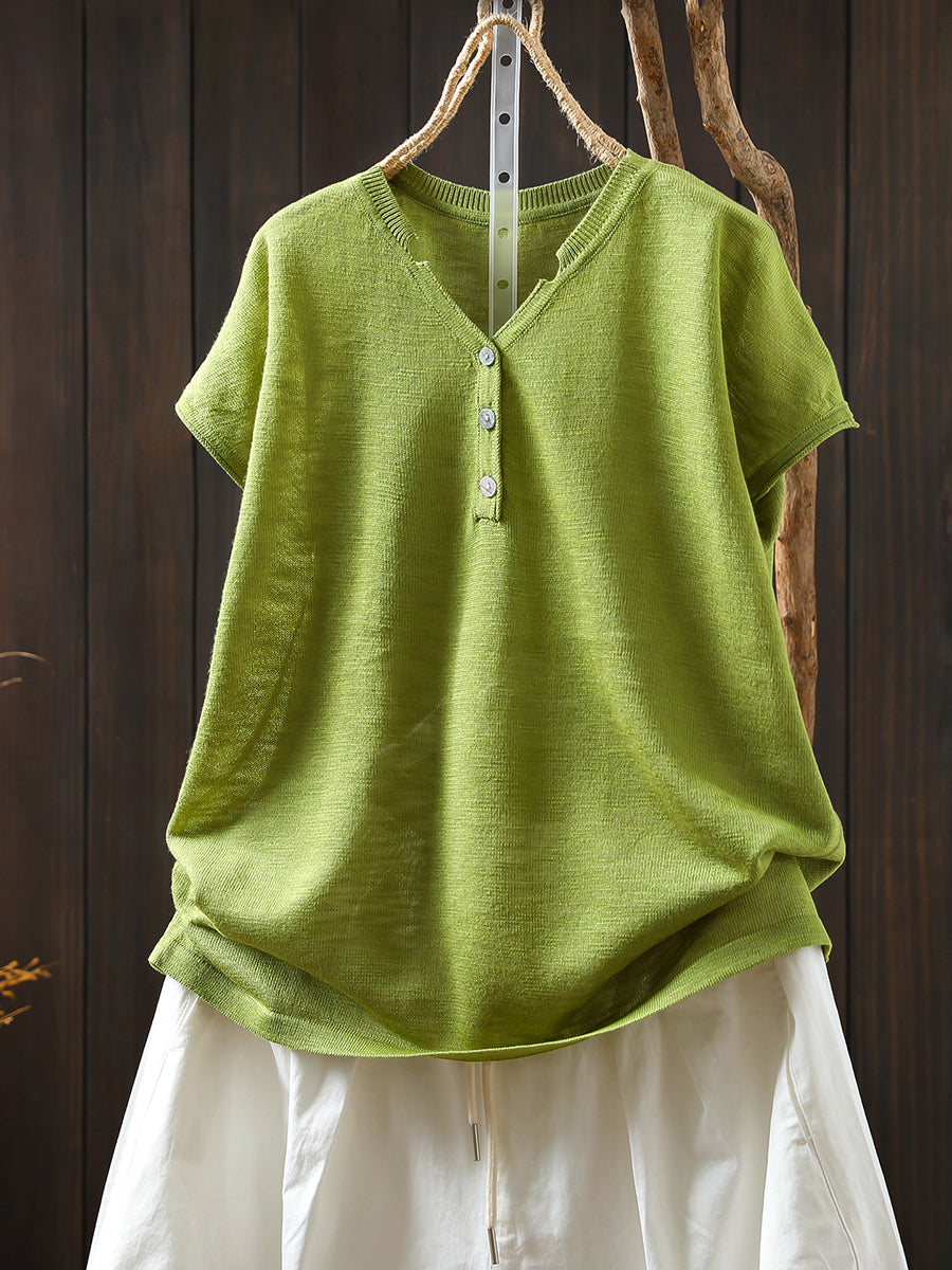 Women Summer Casual Pure Color Knitted V-Neck Shirt