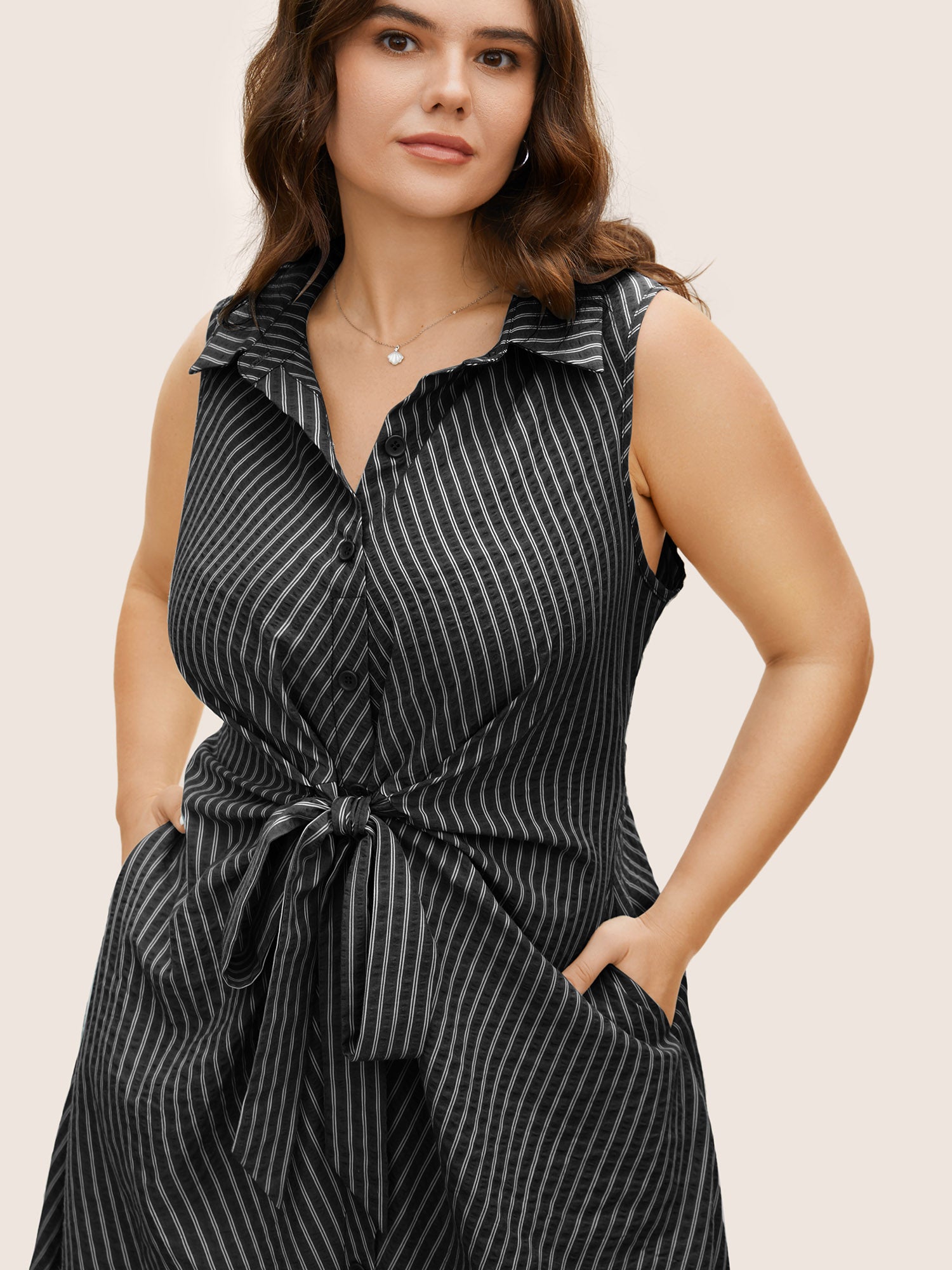 Shirt Collar Striped Midi Tank Dress