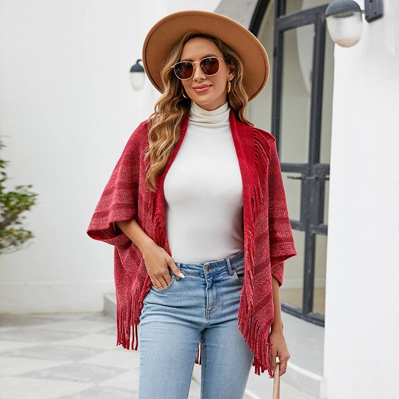 Women's Casual Minimalist Stripe Knit Tassel Shawl