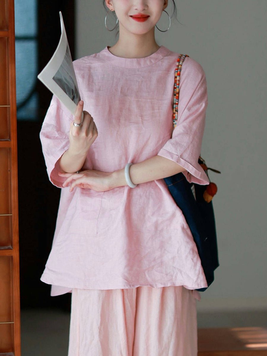 Women Summer Artsy Pure Color 100%Linen O-Neck Shirt