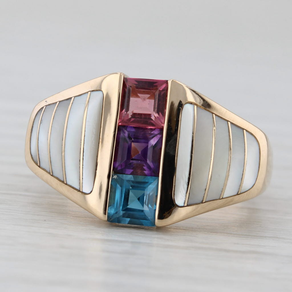 Kabana Mother of Pearl Topaz Amethyst Tourmaline 14k Yellow Gold Size 6.25