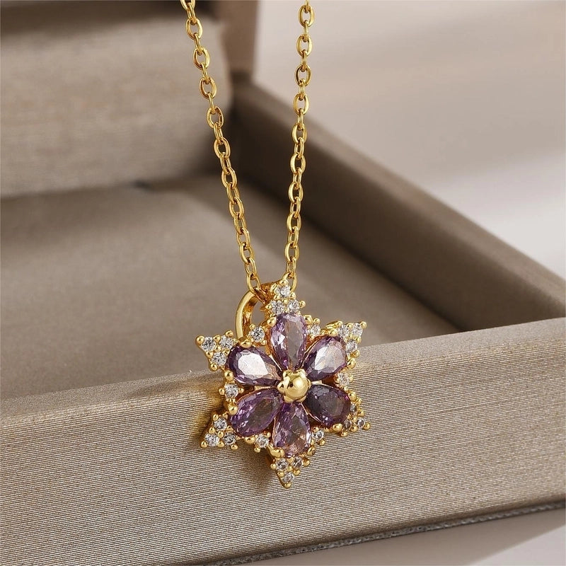 Elegant Minimalist Leaf Flower Bow Knot Titanium Steel Zircon Plating Pendant Necklace