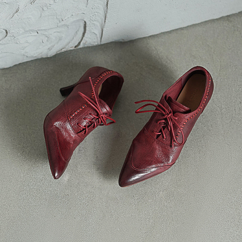 Vintage British Style Pointed Toe Lace-Up 65mm Kitten Heel Oxfords Black/Red