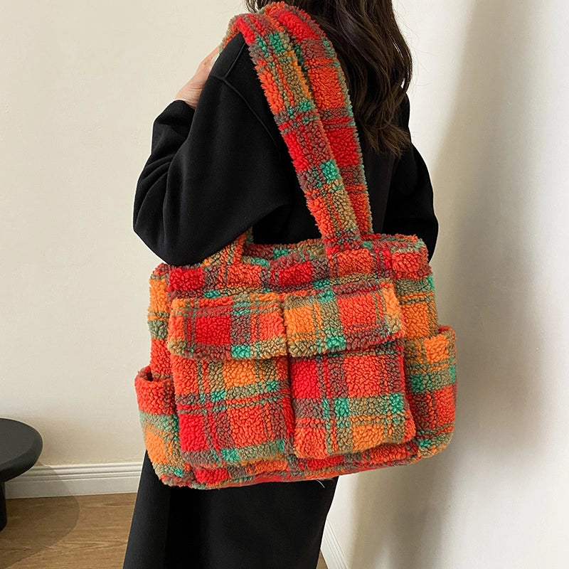 Women's Plush Lattice Streetwear Square Zipper Shoulder Bag