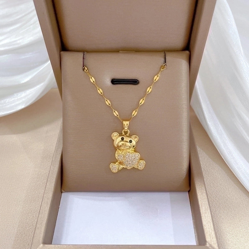 Minimalist Bear Titanium Steel Copper Plating Inlay Zircon Pendant Necklace