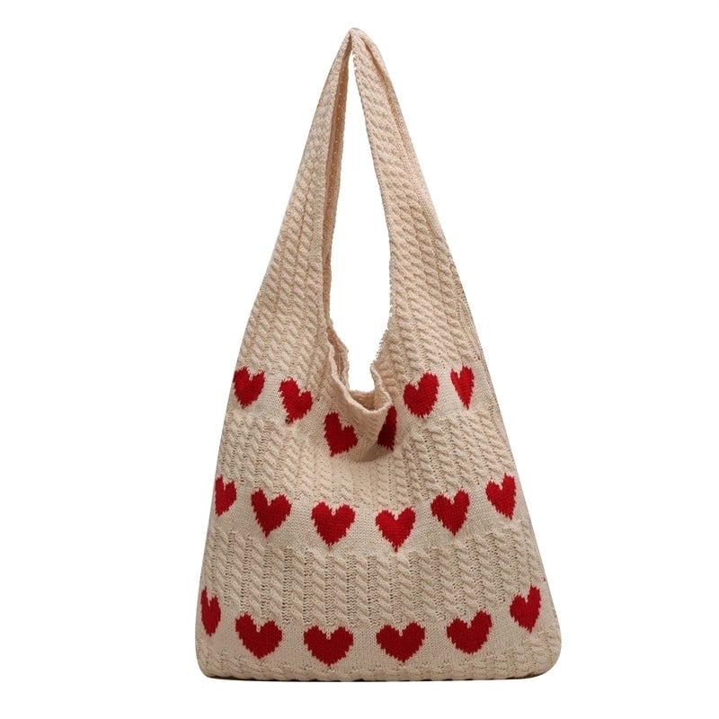 Women's Medium Knit Heart Shape Basic Classic Style Bucket Open Shoulder Bag
