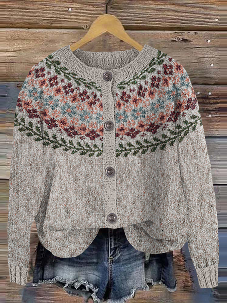 Retro Floral Knitted Button Down Cozy Sweater