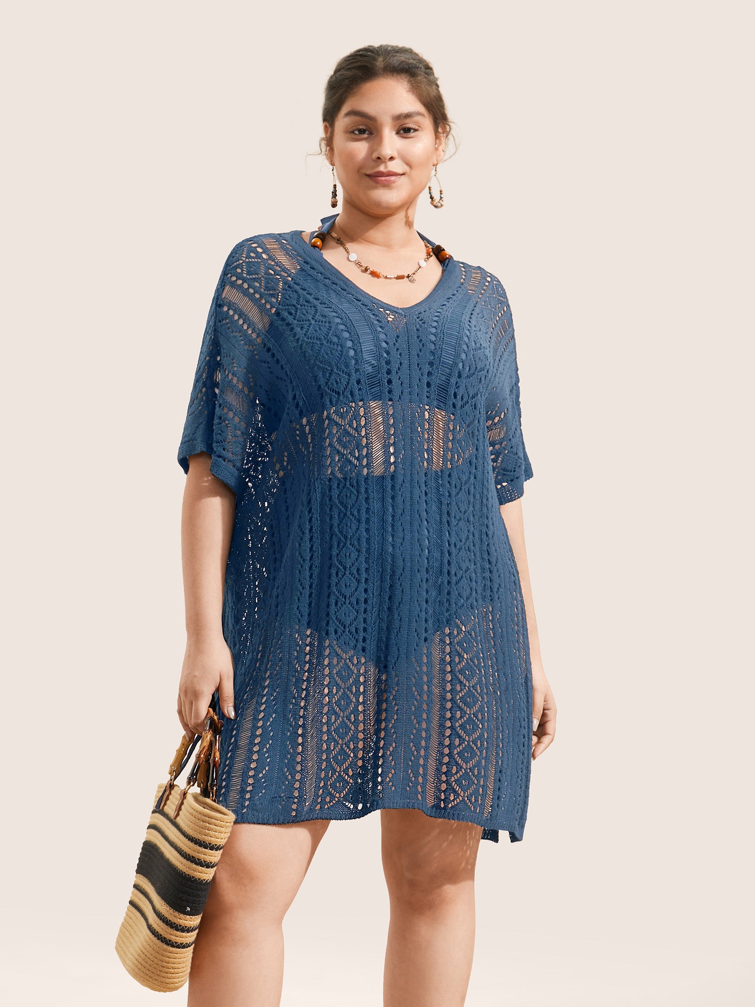 Plain Texture Ties Hollow Out Split Hem Swim Cover Up