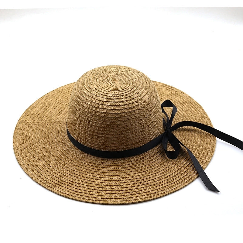 Summer New Seaside Big-brimmed Ladies Straw Hat Travel Foldable Bow Dome Straw Hat