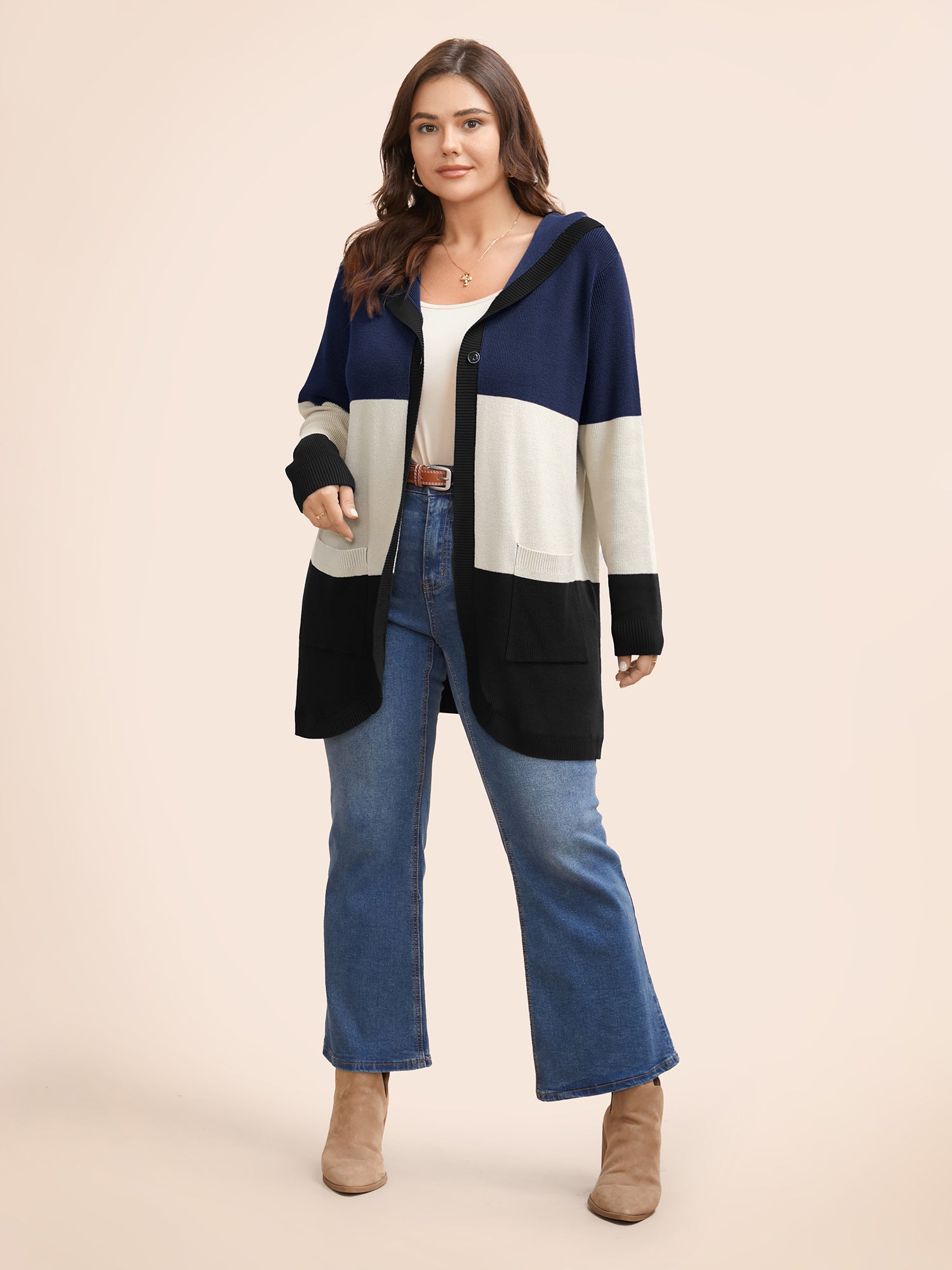 Colorblock Contrast Patched Pocket Hooded Cardigan